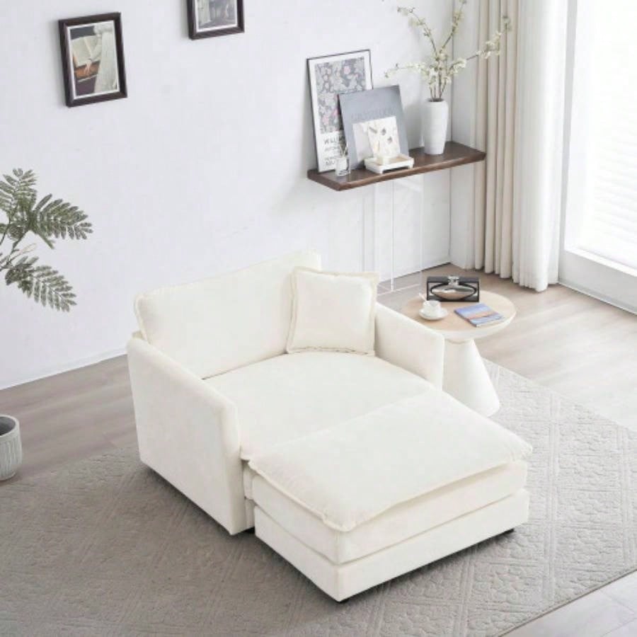 Modern Accent Chair with Ottoman, Living Room Club Chair Chenille Upholstered Armchair, Reading Chair Bedroom, White