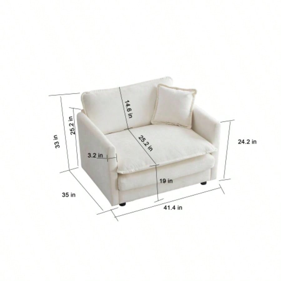 Modern Accent Chair with Ottoman, Living Room Club Chair Chenille Upholstered Armchair, Reading Chair Bedroom, White