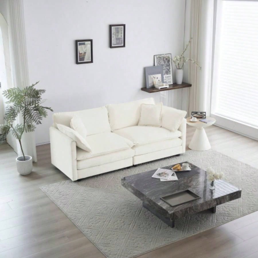 Modern Fabric Loveseat Sofa Couch Living Room, Upholstered Large Size Deep 2 - Sofa with 4 Pillows, White Chenille