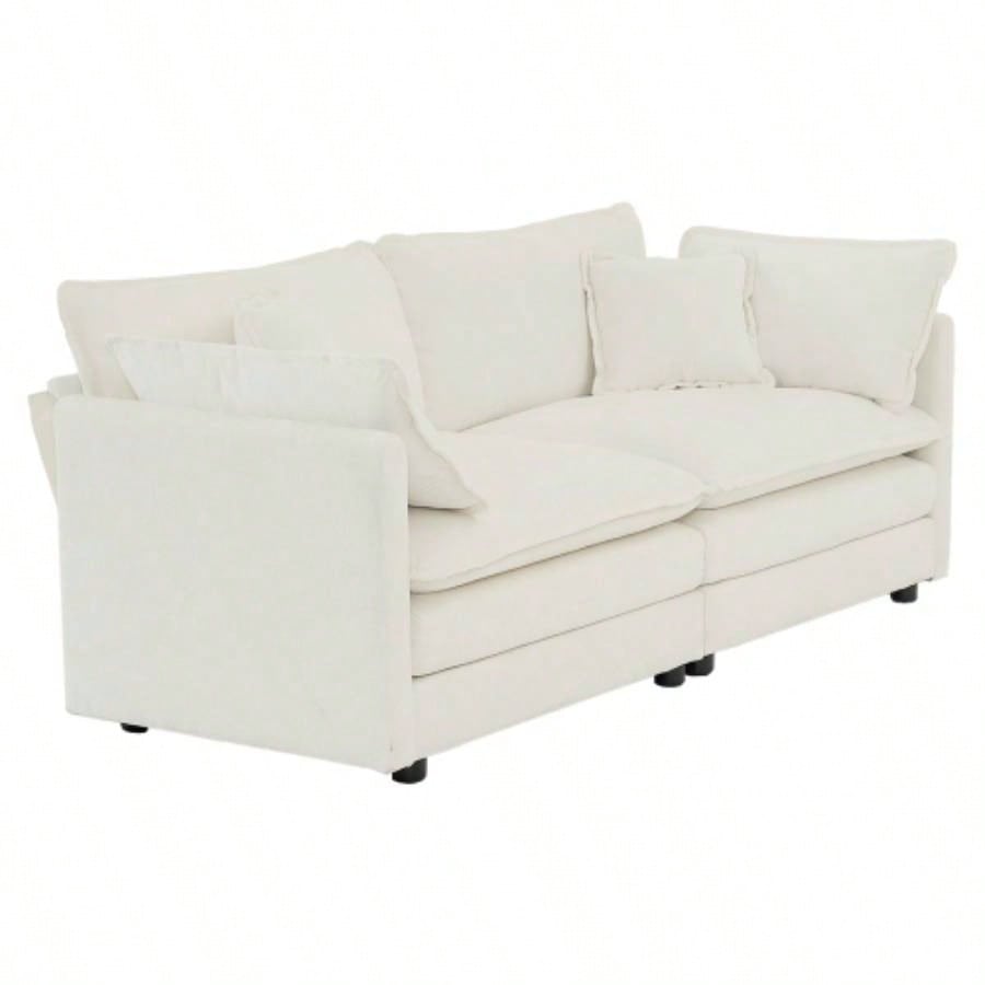 Modern Fabric Loveseat Sofa Couch Living Room, Upholstered Large Size Deep 2 - Sofa with 4 Pillows, White Chenille