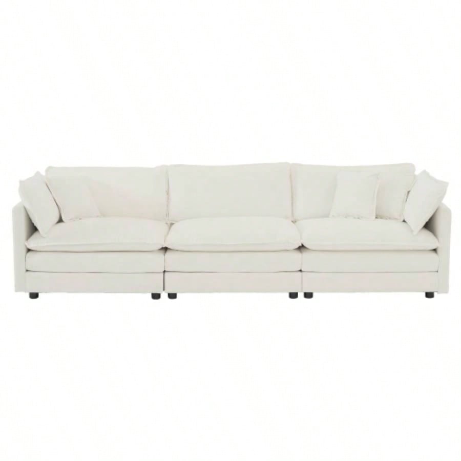 Combination Comfy Upholstery Modular Oversized L Shaped Sectional Sofa With Reversible Ottoman, White Chenille
