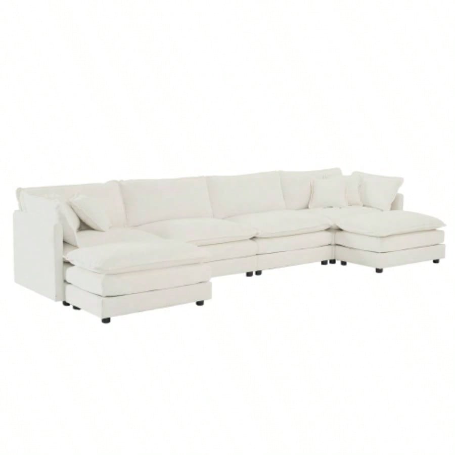 Comfort U Shaped Couch with Reversible Chaise, Modular Large U - Shape Sectional Sofa, Double Ottomans, White Chenille