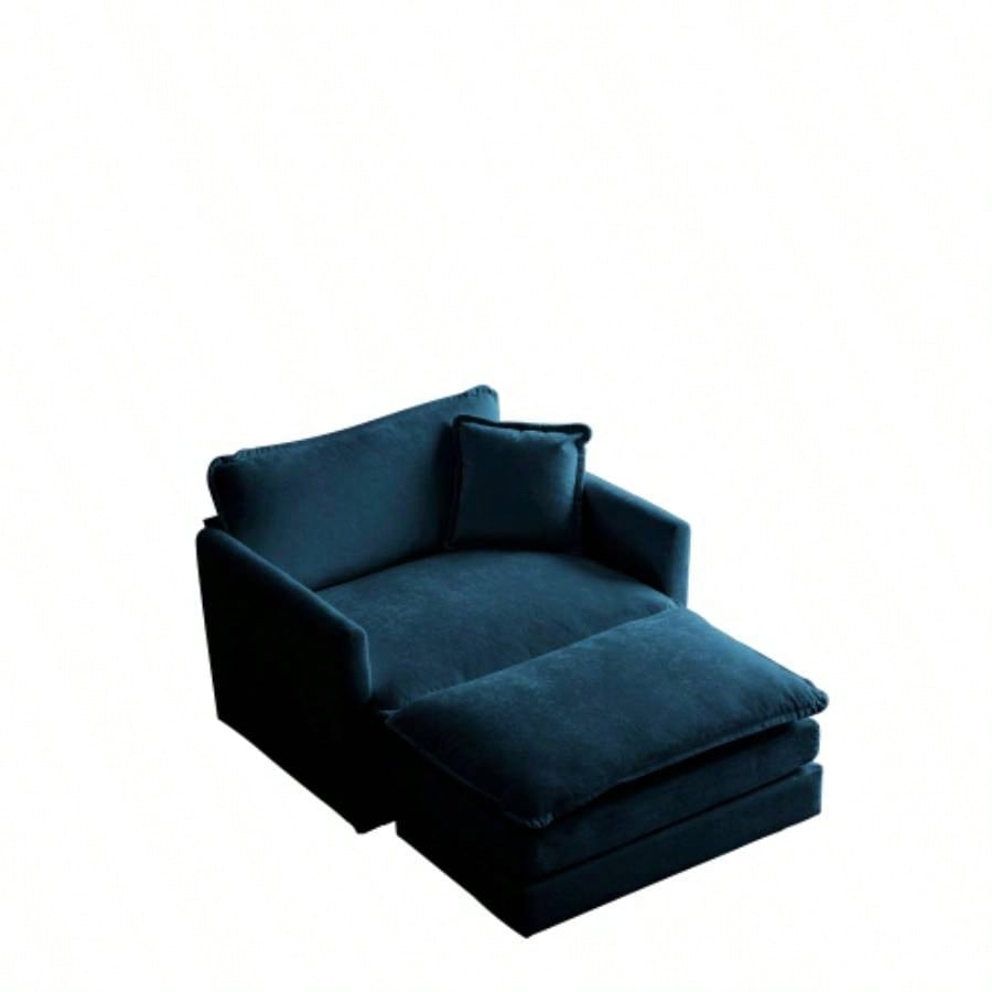 Modern Accent Chair with Ottoman, Living Room Club Chair Chenille Upholstered Armchair, Reading Chair Bedroom, Blue Chenille