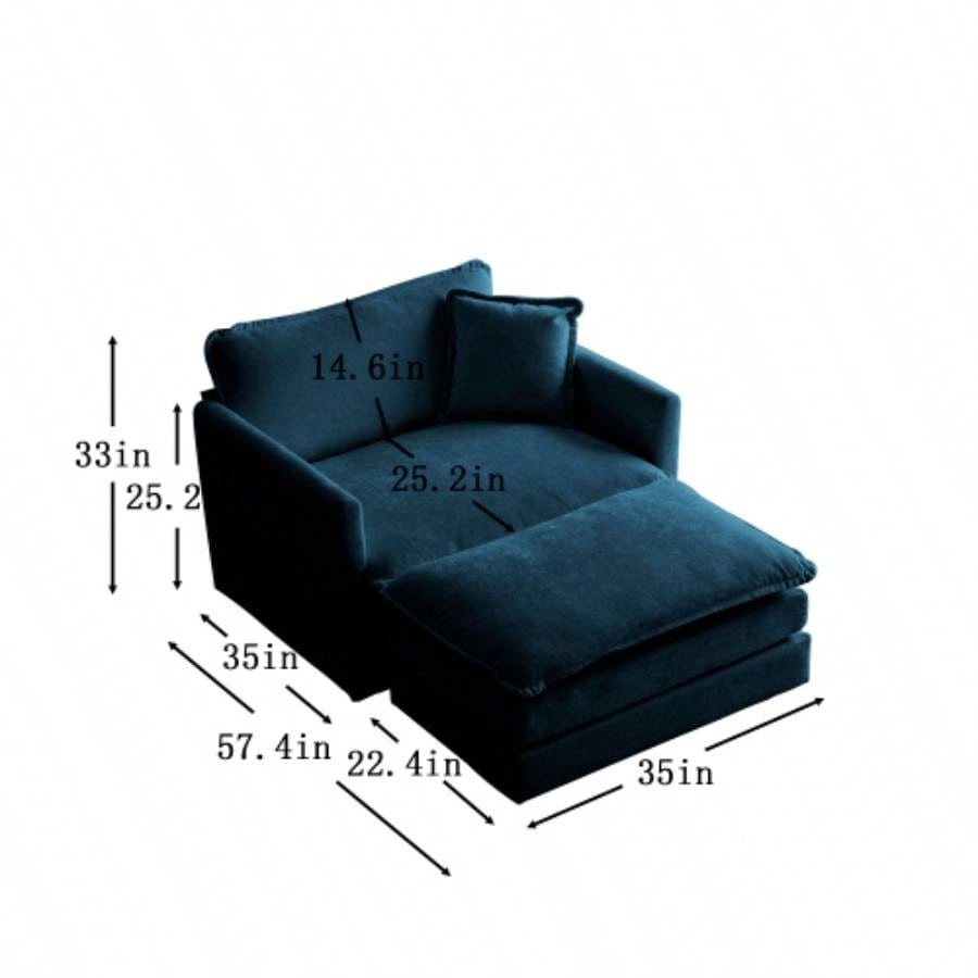 Modern Accent Chair with Ottoman, Living Room Club Chair Chenille Upholstered Armchair, Reading Chair Bedroom, Blue Chenille