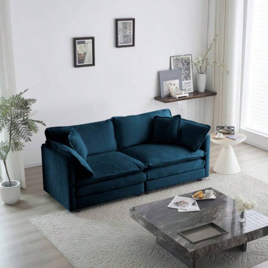 Modern Fabric Loveseat Sofa Couch Living Room, Upholstered Large Size Deep 2 - Sofa with 4 Pillows, Blue Chenille
