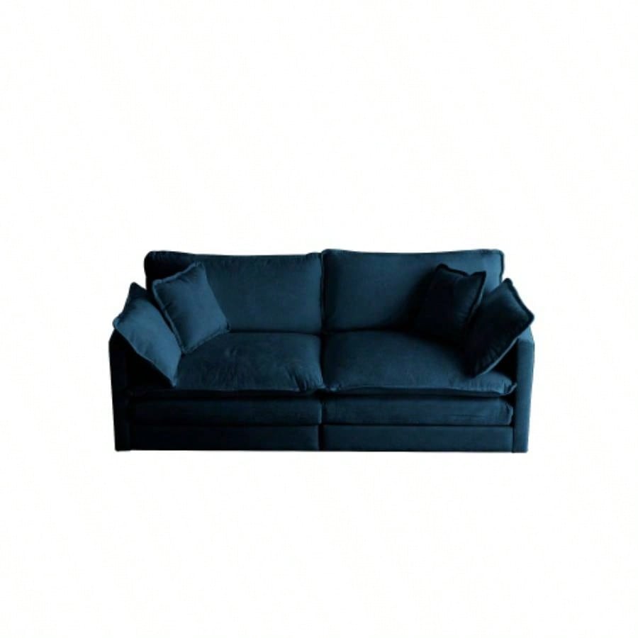 Modern Fabric Loveseat Sofa Couch Living Room, Upholstered Large Size Deep 2 - Sofa with 4 Pillows, Blue Chenille