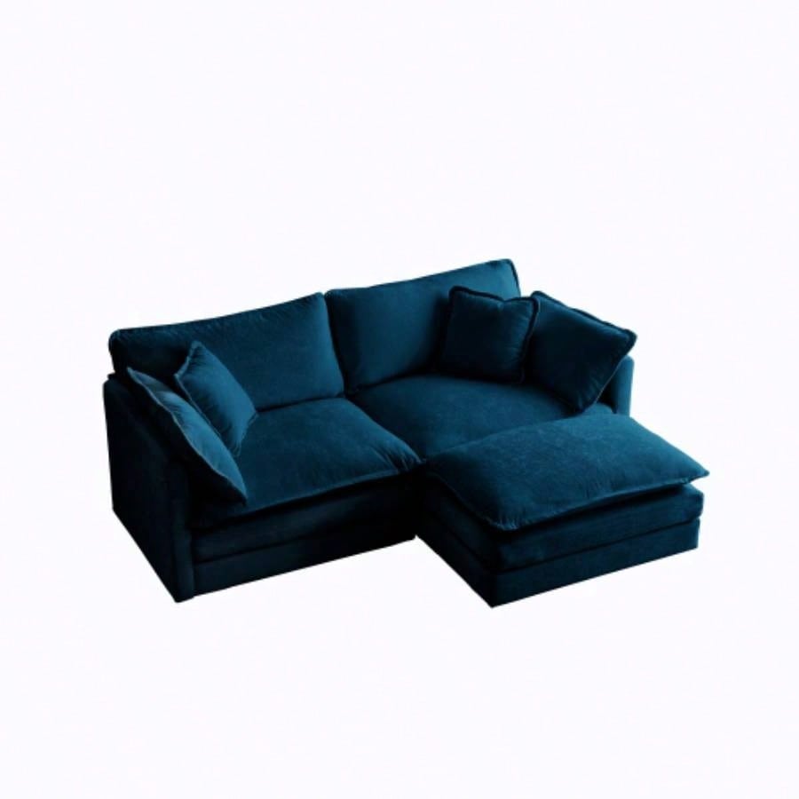 Chenille Two - Seater Sofa with 1 Footrest, 2 Seater L - Shaped Sectional with Ottoman, Loveseat with Ottoman Small Living Space, Blue Chenille
