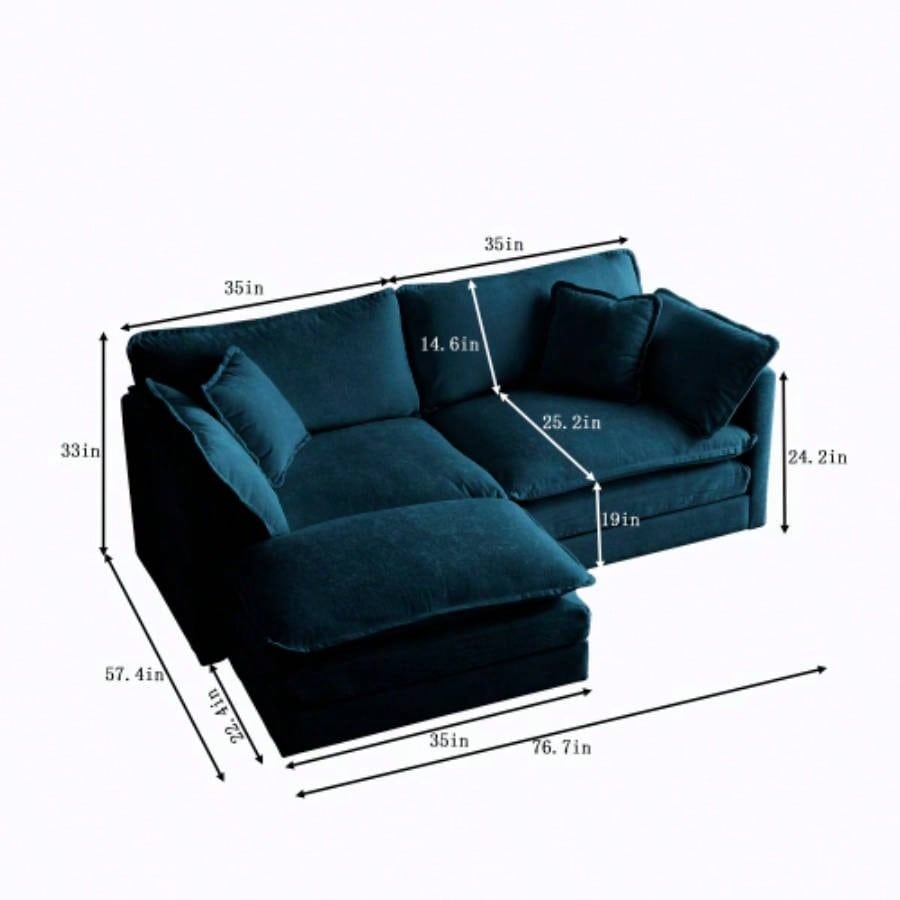Chenille Two - Seater Sofa with 1 Footrest, 2 Seater L - Shaped Sectional with Ottoman, Loveseat with Ottoman Small Living Space, Blue Chenille
