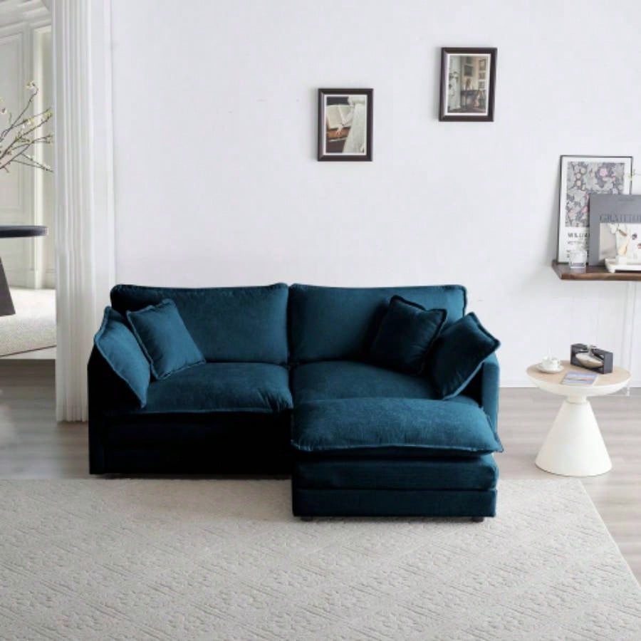 Chenille Two - Seater Sofa with 1 Footrest, 2 Seater L - Shaped Sectional with Ottoman, Loveseat with Ottoman Small Living Space, Blue Chenille