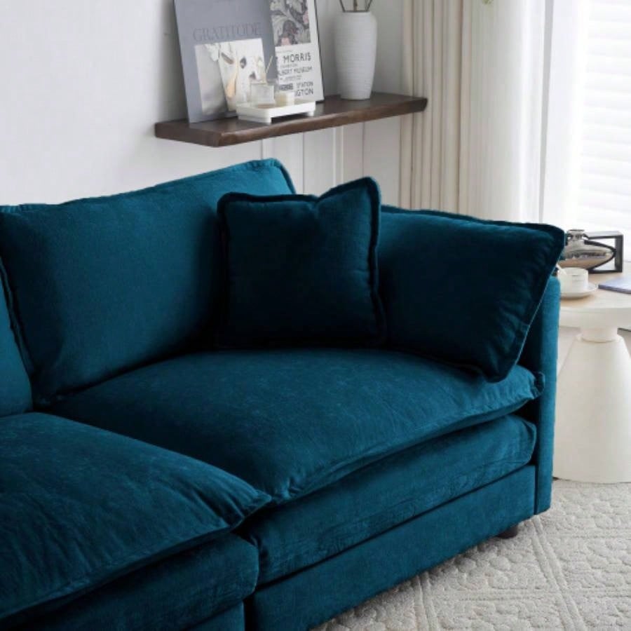 Combination Comfy Upholstery Modular Oversized L Shaped Sectional Sofa With Reversible Ottoman, Blue Chenille