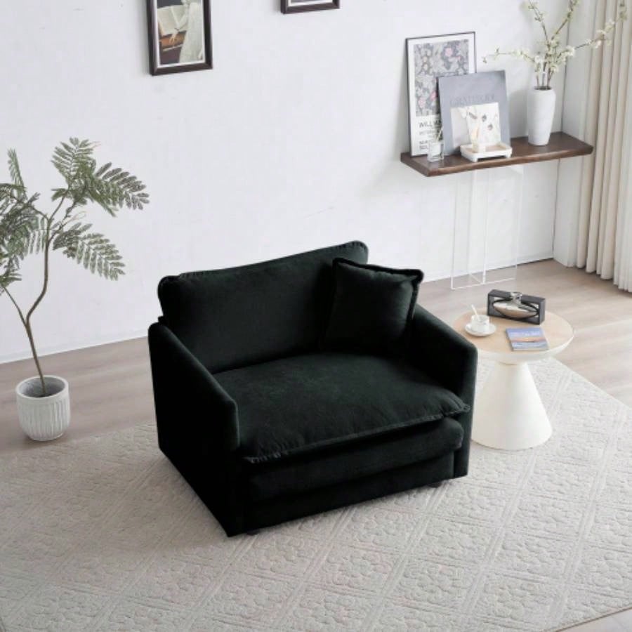 Comfy Deep Single Sofa Upholstered Reading Armchair Living Room Chair Black Chenille Fabric, 1 Toss Pillow