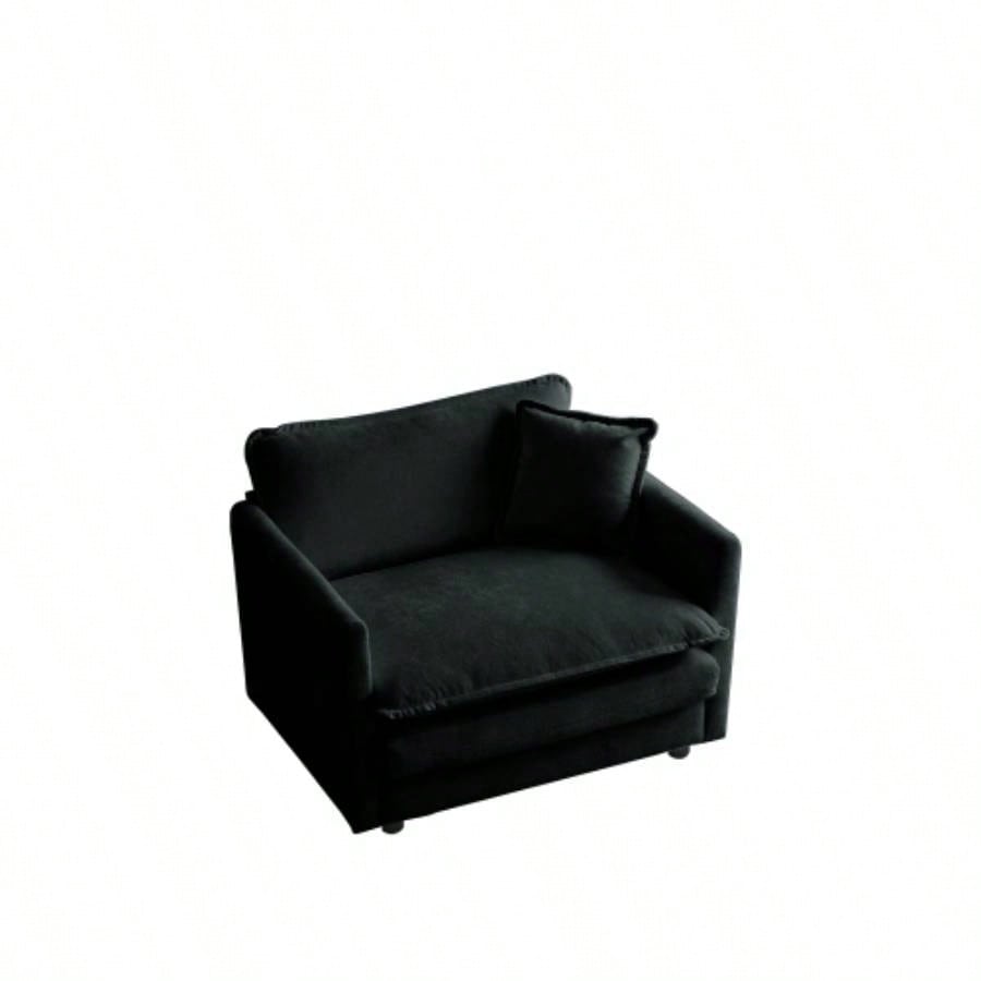 Comfy Deep Single Sofa Upholstered Reading Armchair Living Room Chair Black Chenille Fabric, 1 Toss Pillow