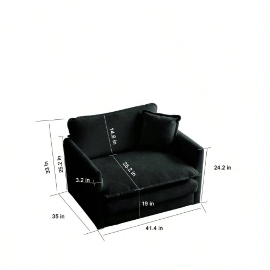 Comfy Deep Single Sofa Upholstered Reading Armchair Living Room Chair Black Chenille Fabric, 1 Toss Pillow
