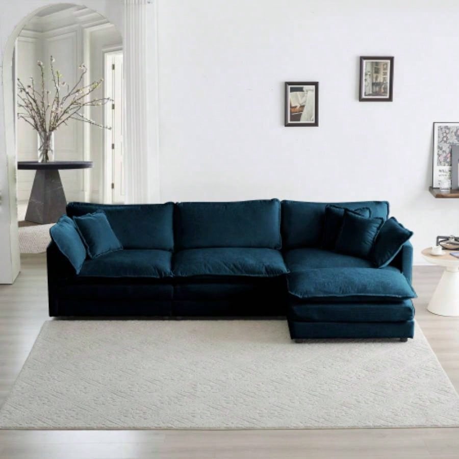 Combination Comfy Upholstery Modular Oversized L Shaped Sectional Sofa With Reversible Ottoman, Blue Chenille