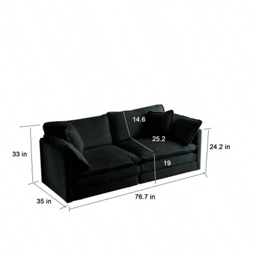 Modern Fabric Loveseat Sofa Couch Living Room, Upholstered Large Size Deep 2 - Sofa with 4 Pillows, Black Chenille