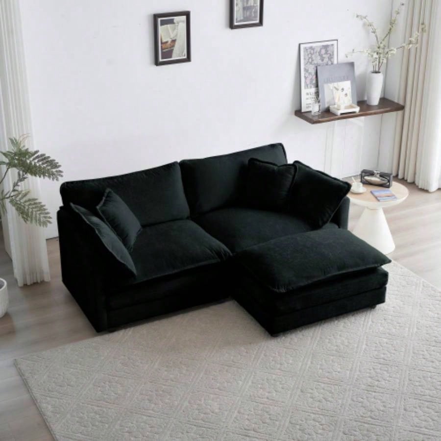 Chenille Two - Seater Sofa with 1 Footrest, 2 Seater L - Shaped Sectional with Ottoman, Loveseat with Ottoman Small Living Space, Black Chenille