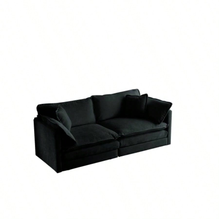 Chenille Two - Seater Sofa with 1 Footrest, 2 Seater L - Shaped Sectional with Ottoman, Loveseat with Ottoman Small Living Space, Black Chenille