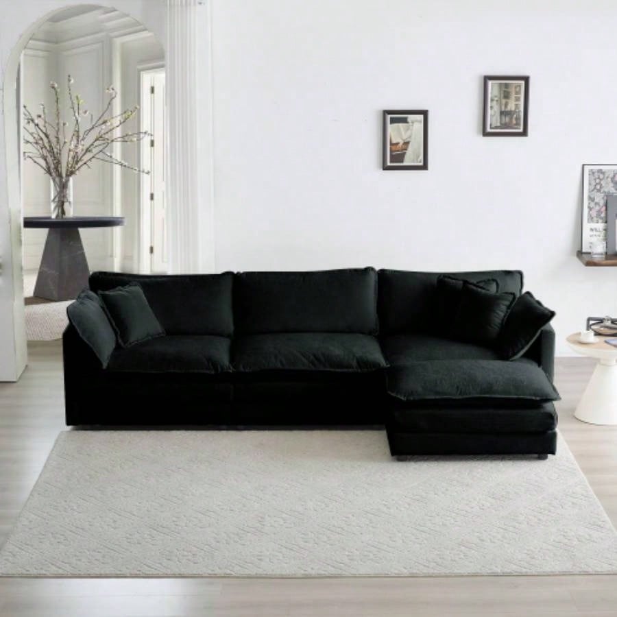 Combination Comfy Upholstery Modular Oversized L Shaped Sectional Sofa With Reversible Ottoman, Black Chenille