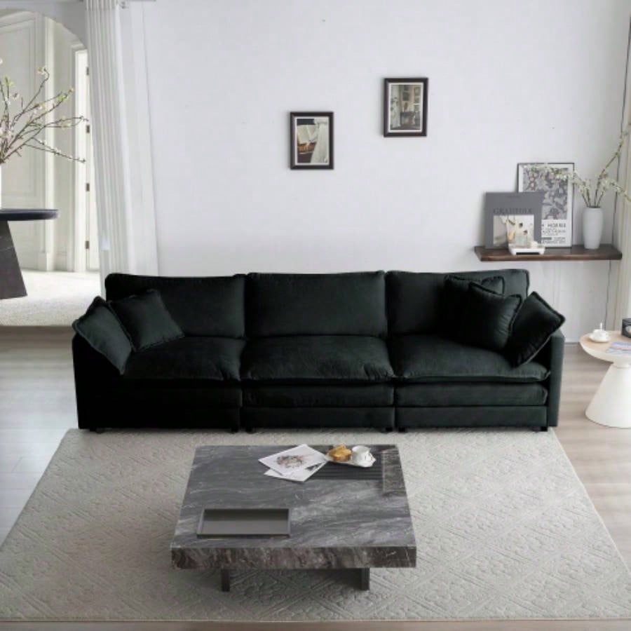 Combination Comfy Upholstery Modular Oversized L Shaped Sectional Sofa With Reversible Ottoman, Black Chenille