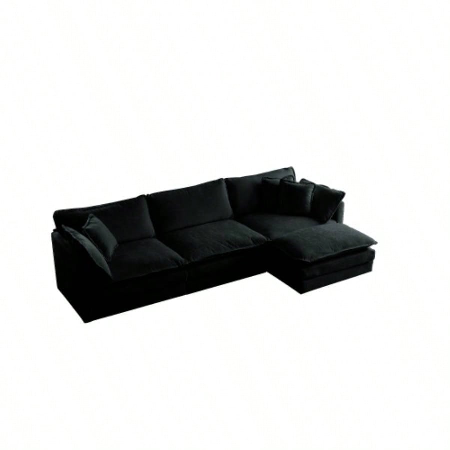 Combination Comfy Upholstery Modular Oversized L Shaped Sectional Sofa With Reversible Ottoman, Black Chenille