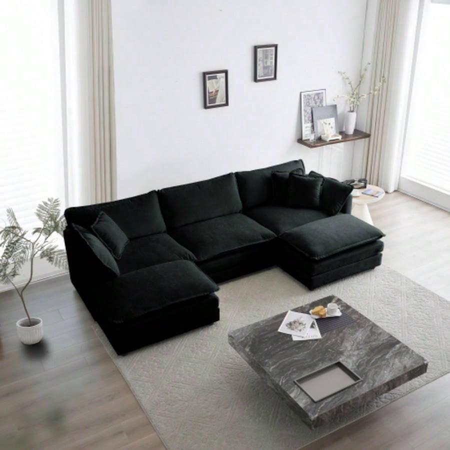 U - Shaped Sectional Sofa/Reversible Footrest, 5 - Seater Convertible Corner Couch with 2 Ottomans, Modern Minimalist Soft Sofa Couch Living Room, Black Chenille