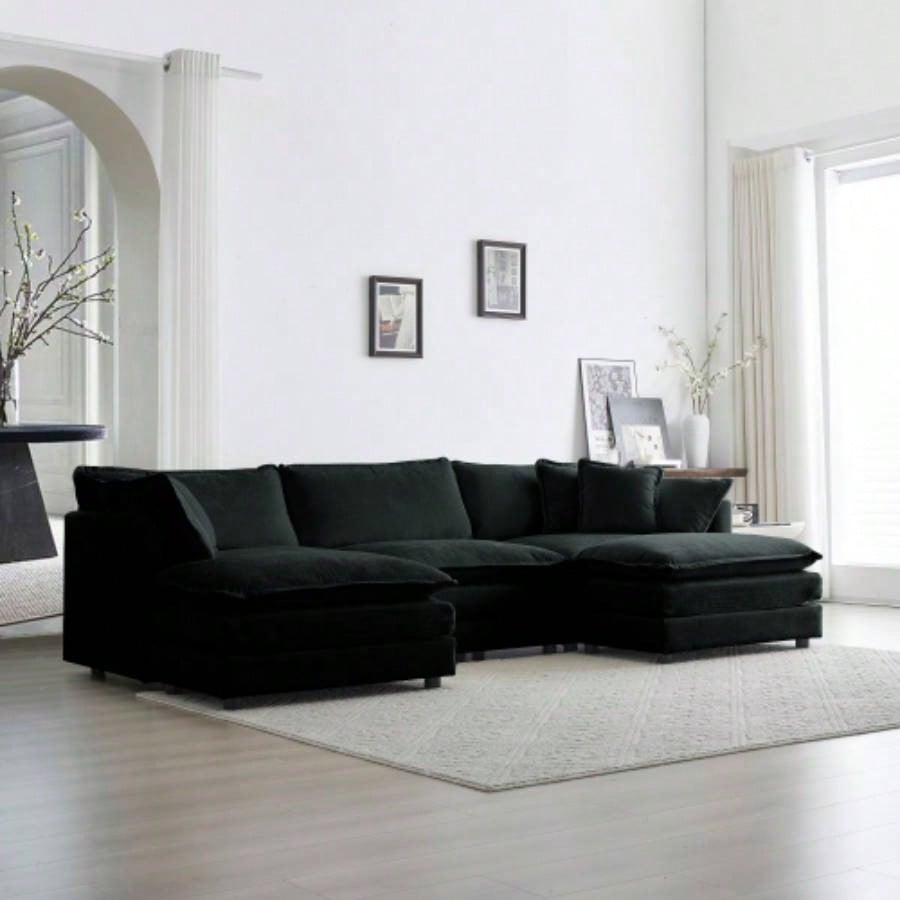U - Shaped Sectional Sofa/Reversible Footrest, 5 - Seater Convertible Corner Couch with 2 Ottomans, Modern Minimalist Soft Sofa Couch Living Room, Black Chenille