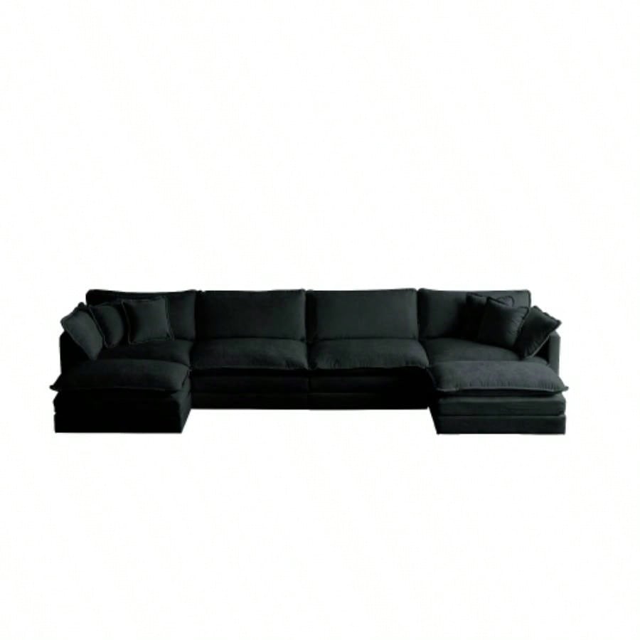 Comfort U Shaped Couch with Reversible Chaise, Modular Large U - Shape Sectional Sofa, Double Ottomans, Black Chenille