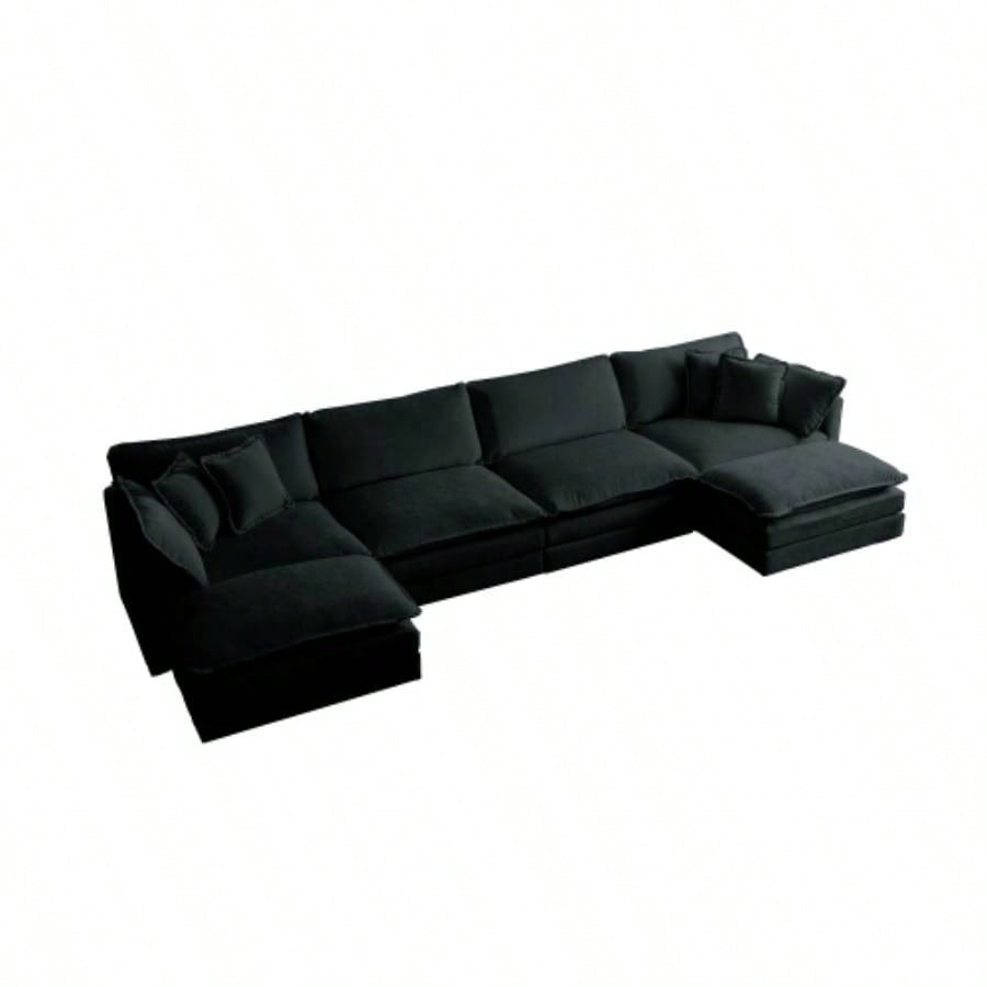 Comfort U Shaped Couch with Reversible Chaise, Modular Large U - Shape Sectional Sofa, Double Ottomans, Black Chenille