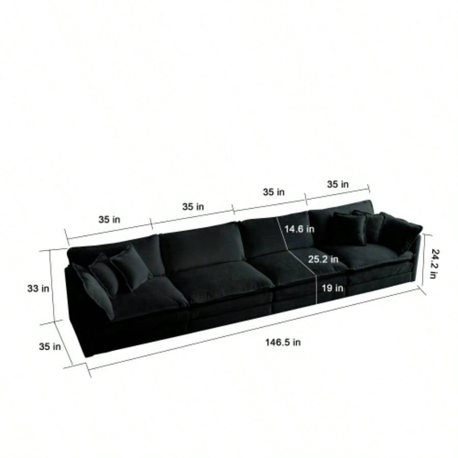 Comfort U Shaped Couch with Reversible Chaise, Modular Large U - Shape Sectional Sofa, Double Ottomans, Black Chenille