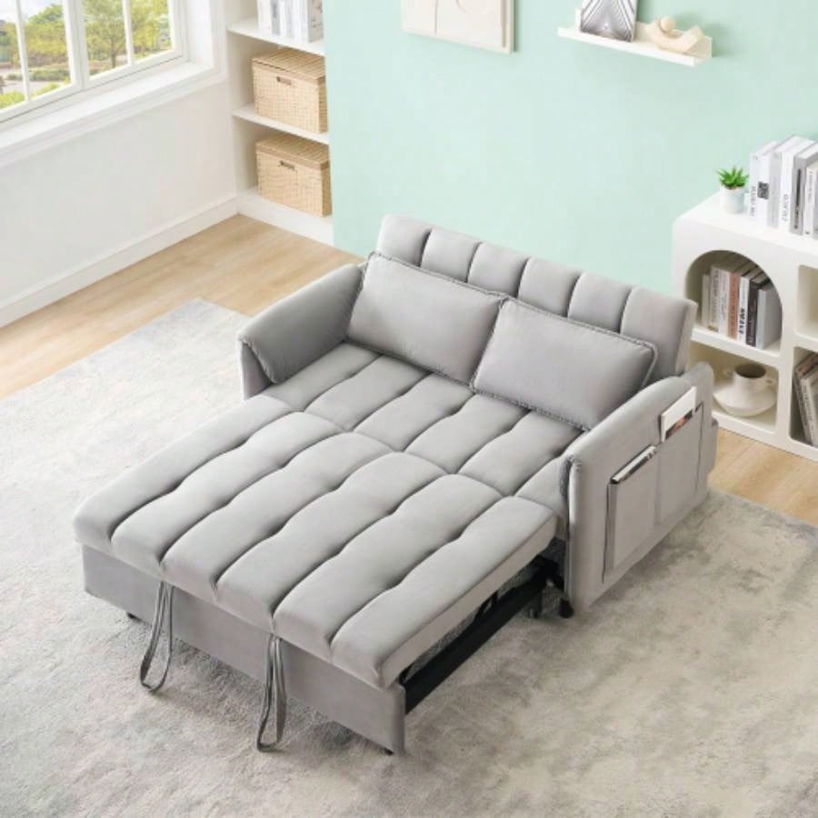52 beige modern velvet sofa, sofa pullout bed, small love casual sofa with back, pillow, pockets, living room furniture, 3 in 1 convertible sleep sofa bed.