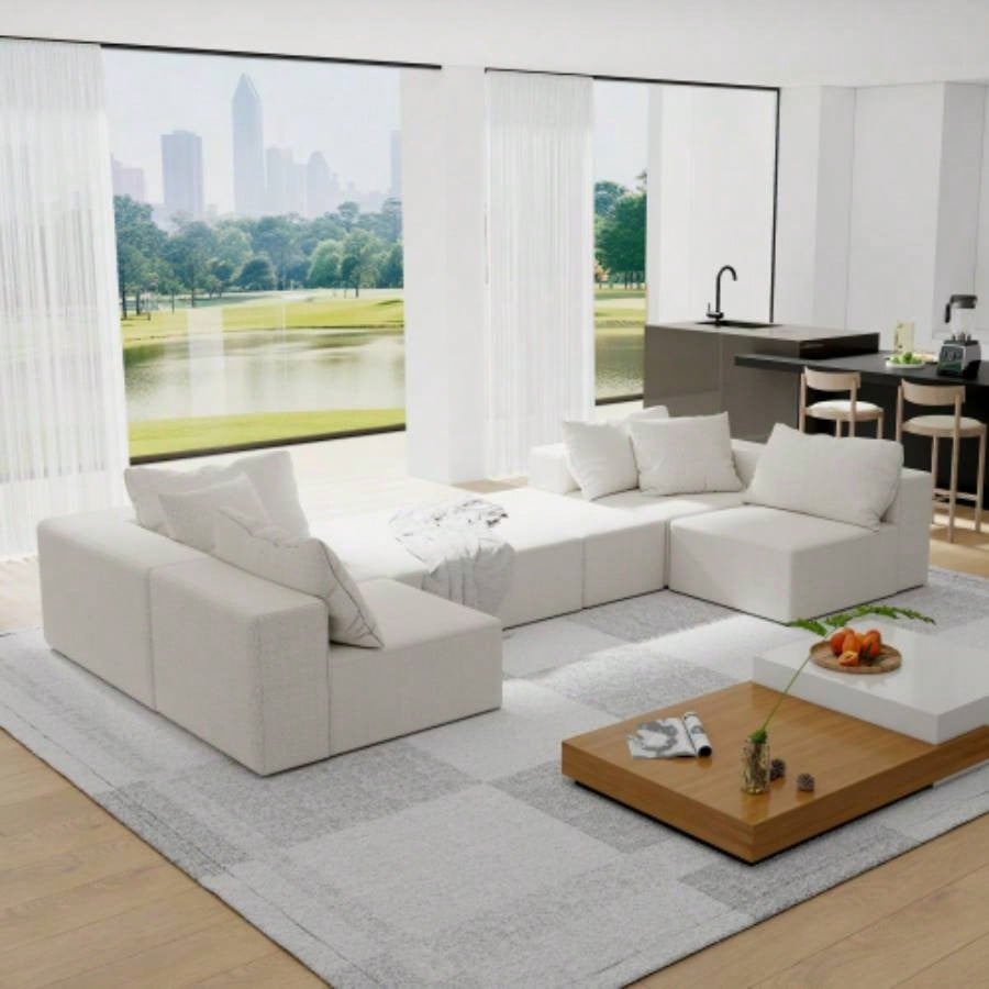 Modern Upholstered Sectional Sofa Couch Set, Modular 132 L Shaped Sectional Living Room Sofa Set With 6 Pillows, Combination Sofa Couch Living Room, Bedroom