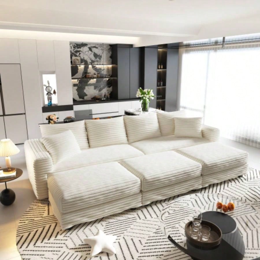 102.4 Plush Corduroy 4 - Sofa, Modern Comfy Upholstered Sofa Cloud Couch, Deep Couches with Soft Pillows and 2 Ottomans, Convertible Sofa Lounge Chair, Living Room, Apartment, Office,