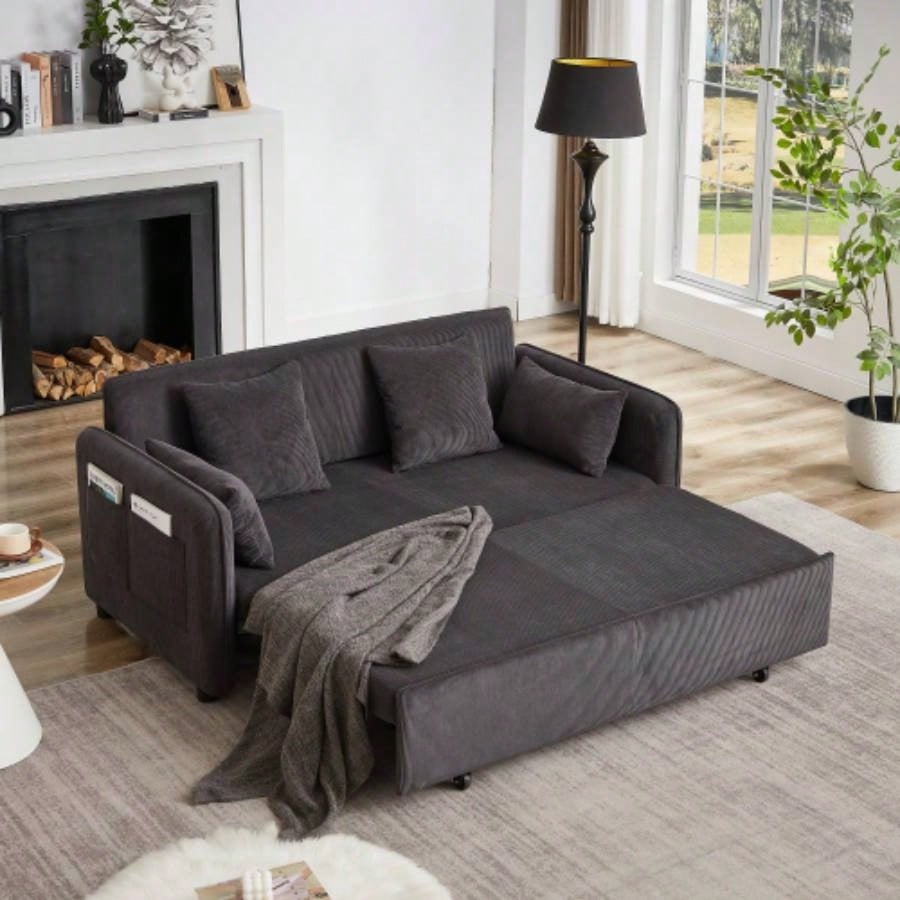 FX 66 Inch Sleeper Sofa Bed 3 - in - 1 Adjustable Sleeper with Pullout Bed 4 Pillows and Side Pockets Soft Corduroy Convertible Sleeper Sofa Bed Living Room Bedroom Apartment Office green