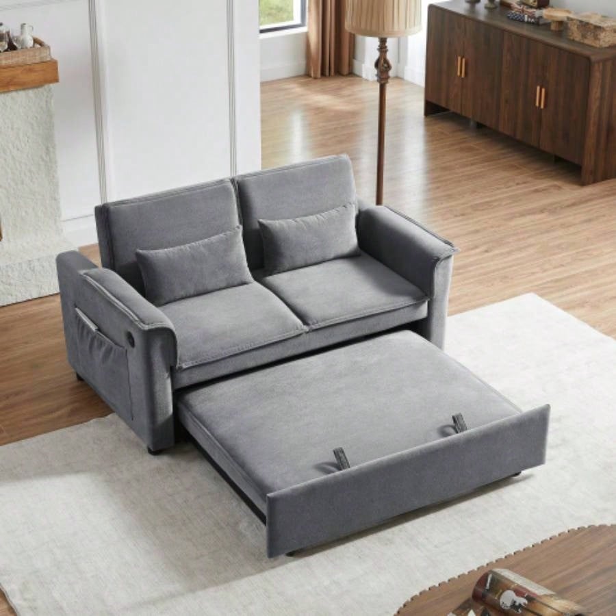 Modern Fabric Convertible Loveseat Sleeper Sofa Couch with Adjustable Backrest, 2 Seater Sofa With Pull - Out Bed with 2 Lumbar Pillows Small Living Room Apartment