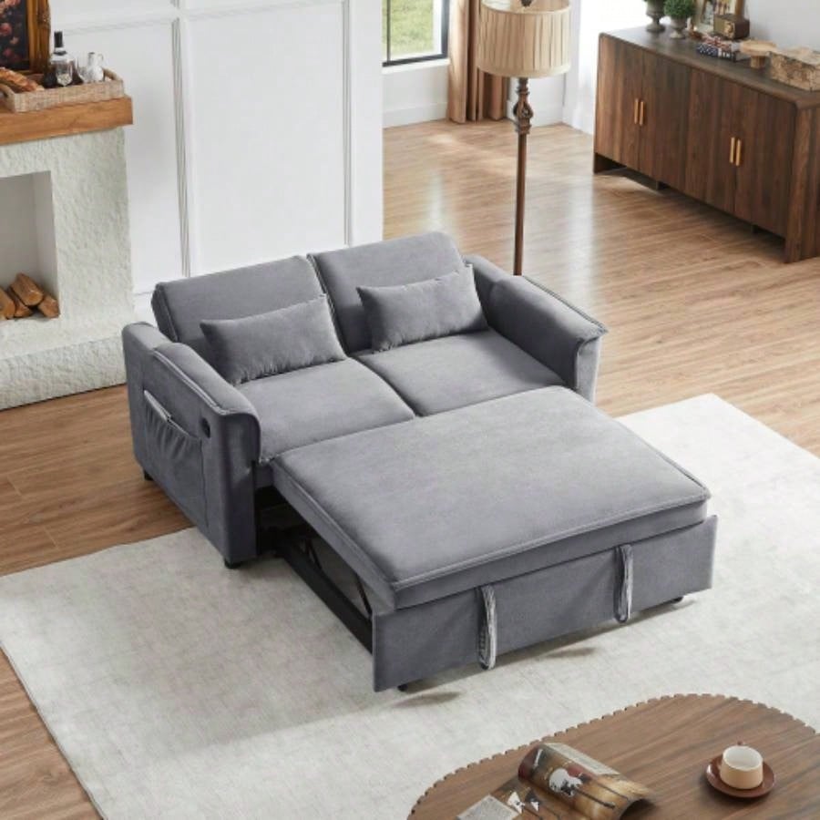 Modern Fabric Convertible Loveseat Sleeper Sofa Couch with Adjustable Backrest, 2 Seater Sofa With Pull - Out Bed with 2 Lumbar Pillows Small Living Room Apartment