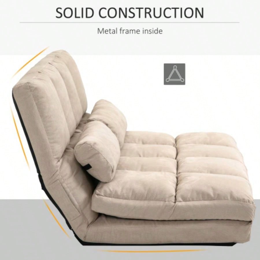 HOMCOM Convertible Floor Sofa Chair, Folding Couch Bed, Guest Chaise Lounge with 2 Pillows, Adjustable Backrest and Headrest, 40.25 L, Beige