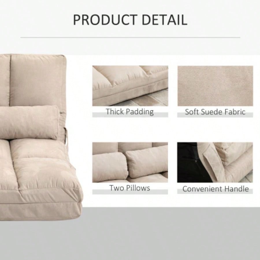 HOMCOM Convertible Floor Sofa Chair, Folding Couch Bed, Guest Chaise Lounge with 2 Pillows, Adjustable Backrest and Headrest, 40.25 L, Beige