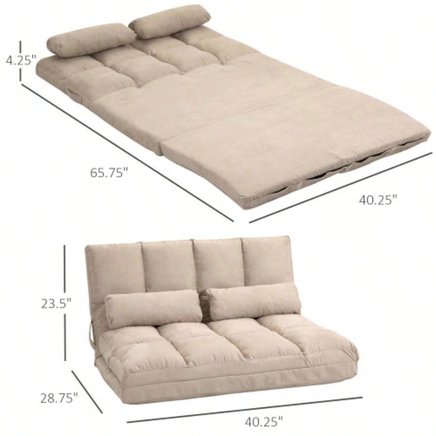 HOMCOM Convertible Floor Sofa Chair, Folding Couch Bed, Guest Chaise Lounge with 2 Pillows, Adjustable Backrest and Headrest, 40.25 L, Beige