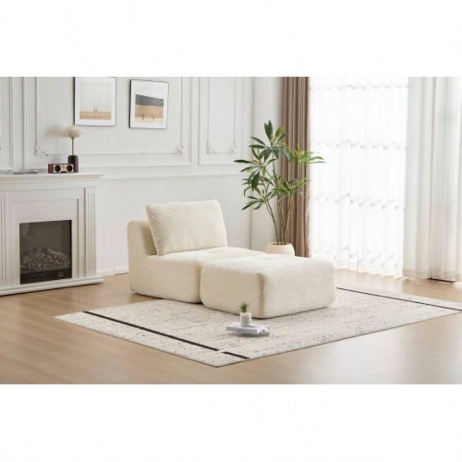 Modern Foam Compressed Sofa, Single Chaise Longue Living Room, Pet - Friendly Cloud Modular Sectional Sofa, Corduroy Fabric, Movable Ottoman, No Assembly with Pillows, Beige