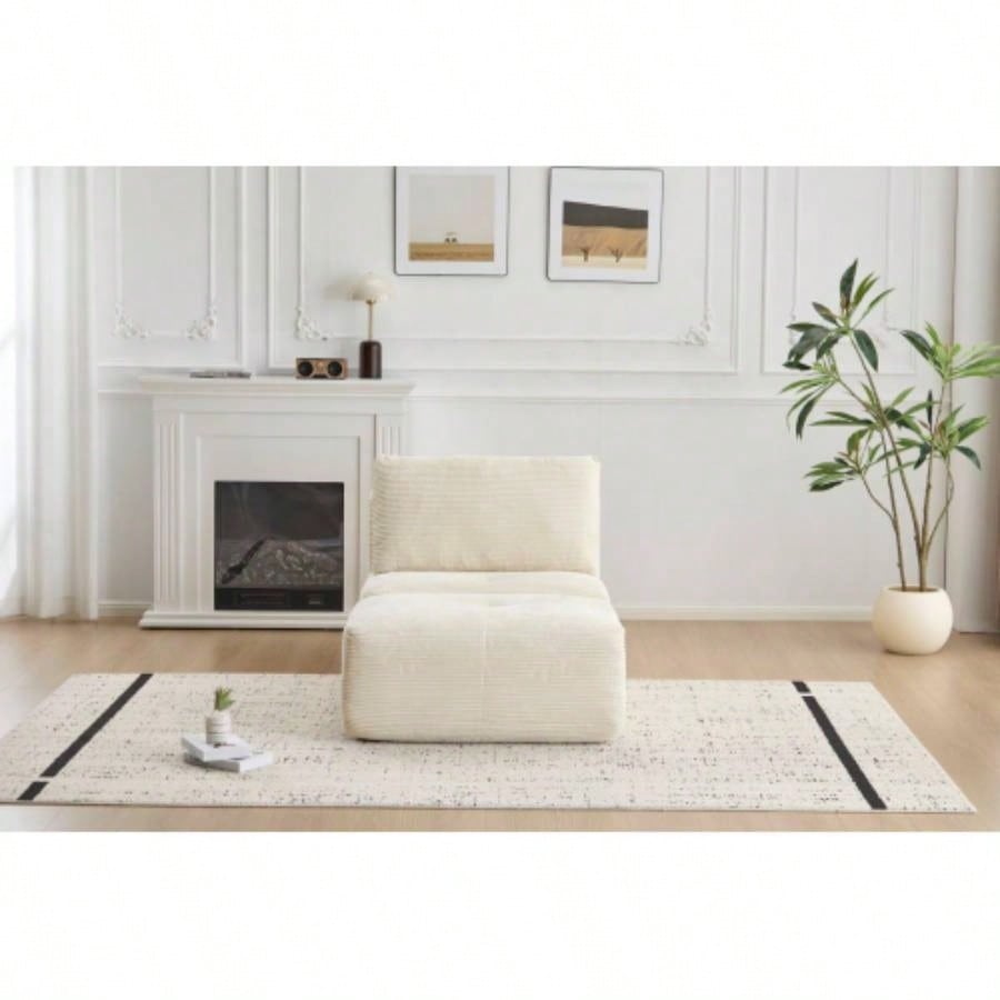 Modern Foam Compressed Sofa, Single Chaise Longue Living Room, Pet - Friendly Cloud Modular Sectional Sofa, Corduroy Fabric, Movable Ottoman, No Assembly with Pillows, Beige