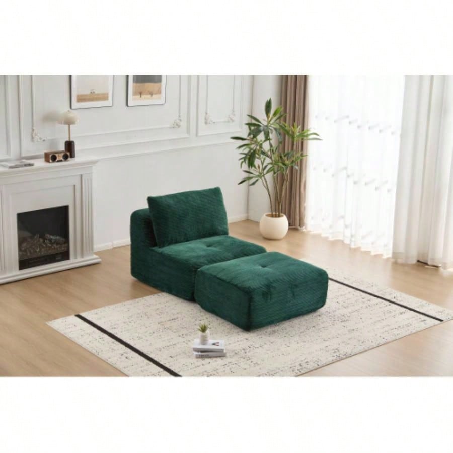 Modern Foam Compressed Sofa, Single Chaise Longue Living Room, Pet - Friendly Cloud Modular Sectional Sofa, Corduroy Fabric, Movable Ottoman, No Assembly with Pillows, Beige