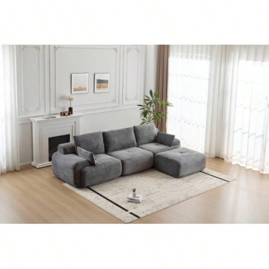 Modern Foam Compressed Sofa, Single Chaise Longue Living Room, Pet - Friendly Cloud Modular Sectional Sofa, Corduroy Fabric, Movable Ottoman, No Assembly with Pillows, Beige