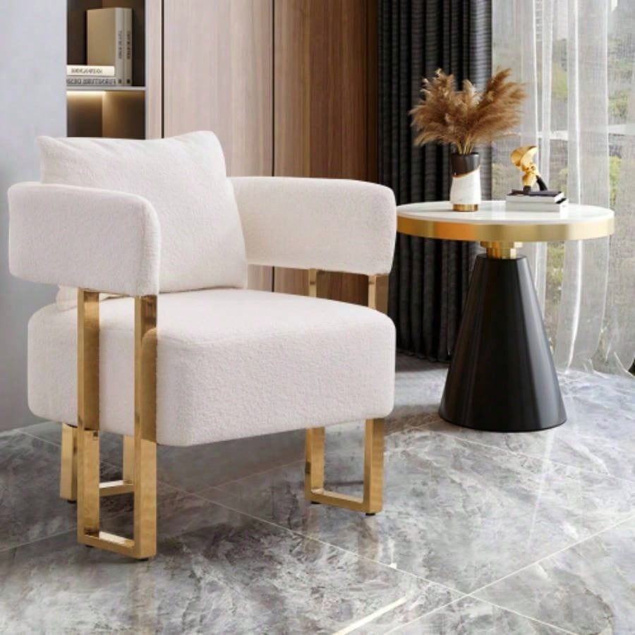 TS Modern decorative chair, living room side chair with gold metal, no wheels, suitable dressing area, reception room, office, Teddy fleece upholstered metal foot sofas 2PCS White