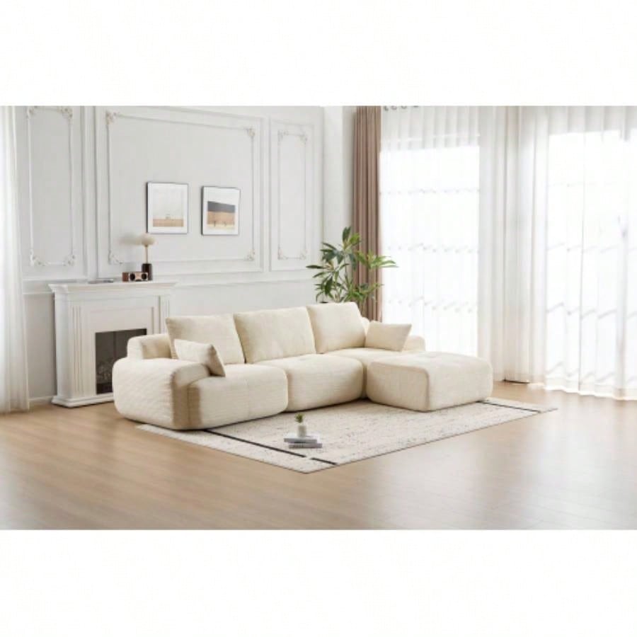 Modern Foam Compressed Sofa, Single Chaise Longue Living Room, Pet - Friendly Cloud Modular Sectional Sofa, Corduroy Fabric, Movable Ottoman, No Assembly with Pillows, Beige