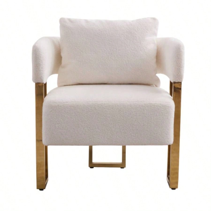 TS Modern decorative chair, living room side chair with gold metal, no wheels, suitable dressing area, reception room, office, Teddy fleece upholstered metal foot sofas 2PCS White