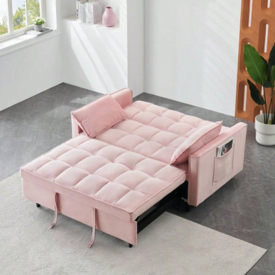 Modern velvet sofa, sofa pull - out bed, small love casual sofa with back, with pillow, pockets, living room furniture, 3 in 1 convertible sleep sofa bed.
