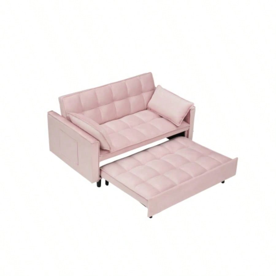 Modern velvet sofa, sofa pull - out bed, small love casual sofa with back, with pillow, pockets, living room furniture, 3 in 1 convertible sleep sofa bed.