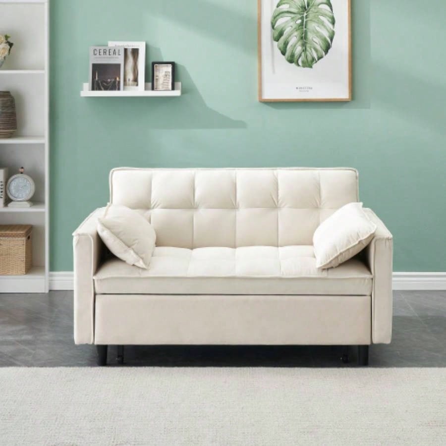Modern velvet sofa, sofa pull - out bed, small love casual sofa with back, with pillow, pockets, living room furniture, 3 in 1 convertible sleep sofa bed.