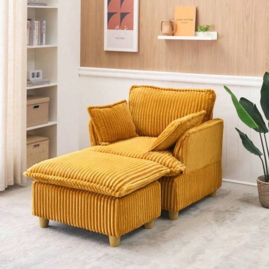 This single - corduroy sofa comes with an ottoman and throw pillows. Its sitting or lying down comfortably in living room, on balcony, or in study.