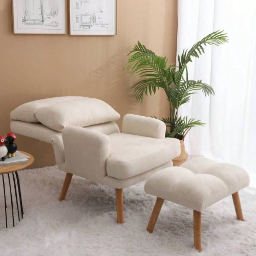 Accent Chair with Ottoman Set, Fabric Armchair with Wood and Adjustable Backrest, Mid Modern Comfy Lounge Chair Living Room, Bedroom, Reading Room and Study